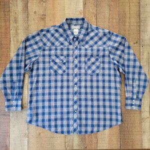 Wrangler Wrancher Men's Blue Plaid Pearl Snap Button-Up Shirt XXL